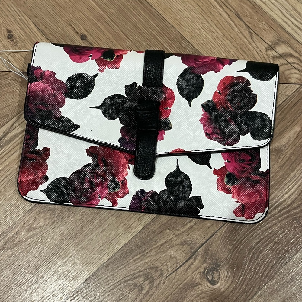 Black and red floral clutch